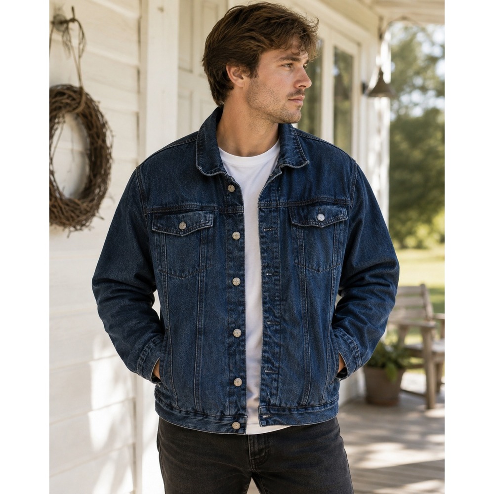 Bronco Sports Mens Sherpa Lined Denim Trucker Jacket Dark Wash Blue Size M